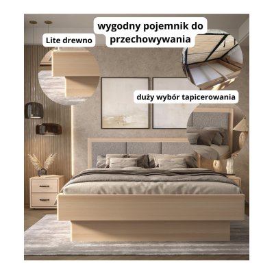 Łóżko bukowe z pojemnikiem z tapicerowanym wezgłowiem FORTA