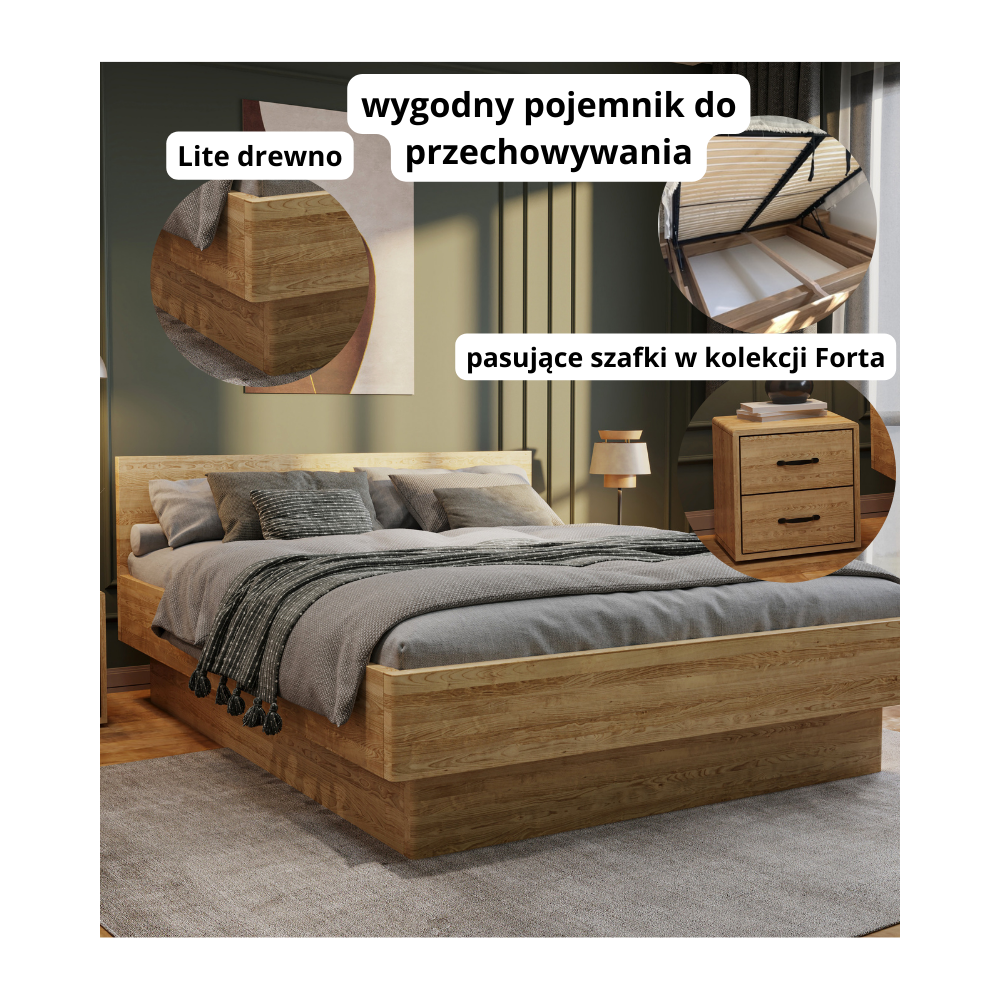 Łóżko Dębowe z Pojemnikiem Forte | Polskie | Drewniane do Sypialni