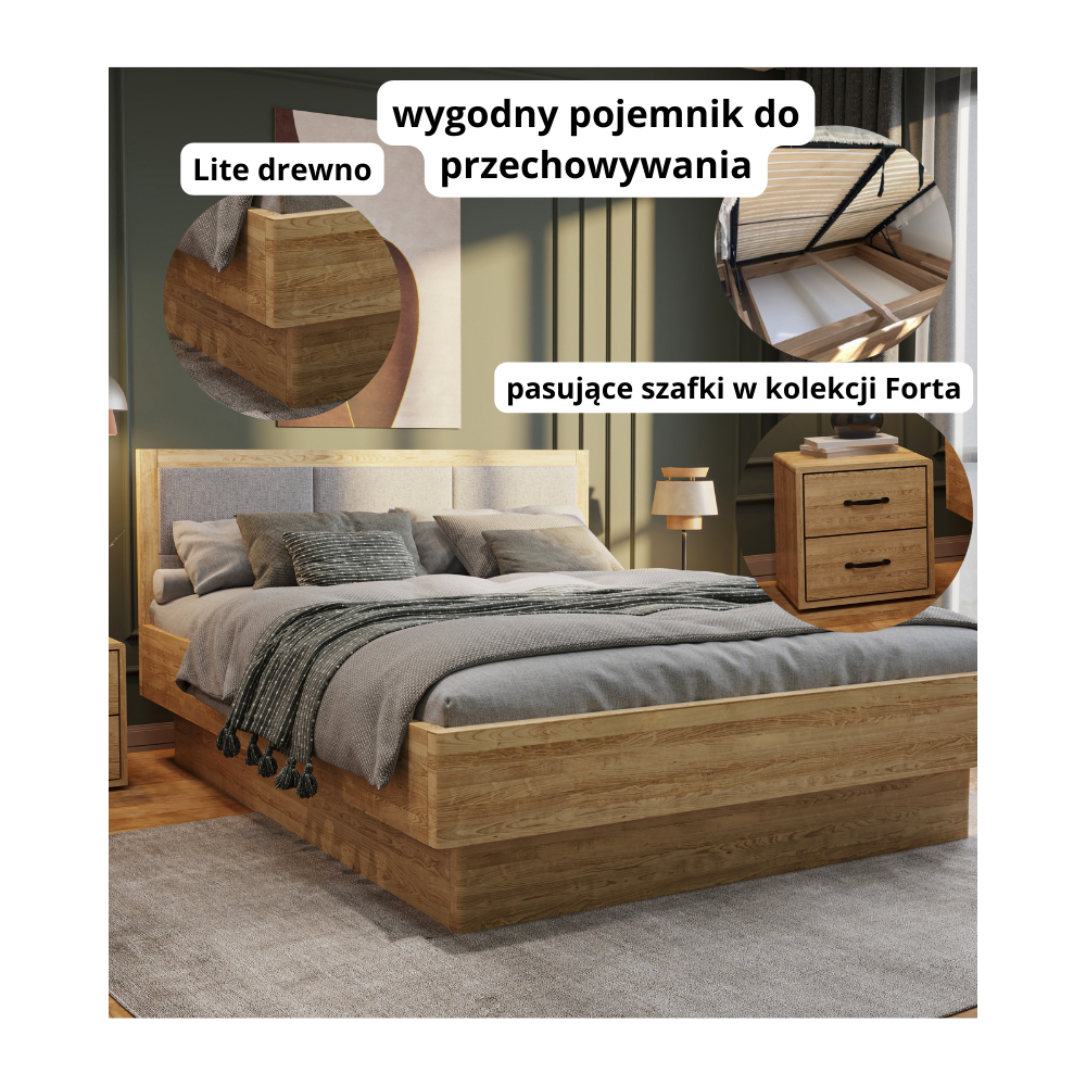 Łóżko dębowe z pojemnikiem z tapicerowanym wezgłowiem FORTA