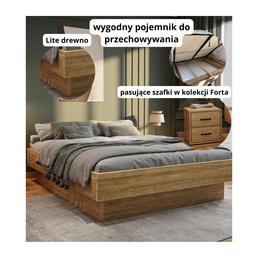 Łóżko Dębowe Bez Zagłówka z Cofniętym Pojemnikiem Forte Lite | Polskie | Drewniane do Sypialni