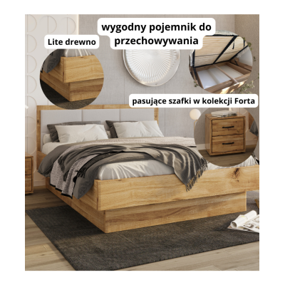Łóżko dębowe z pojemnikiem z tapicerowanym wezgłowiem FORTA dziki dąb